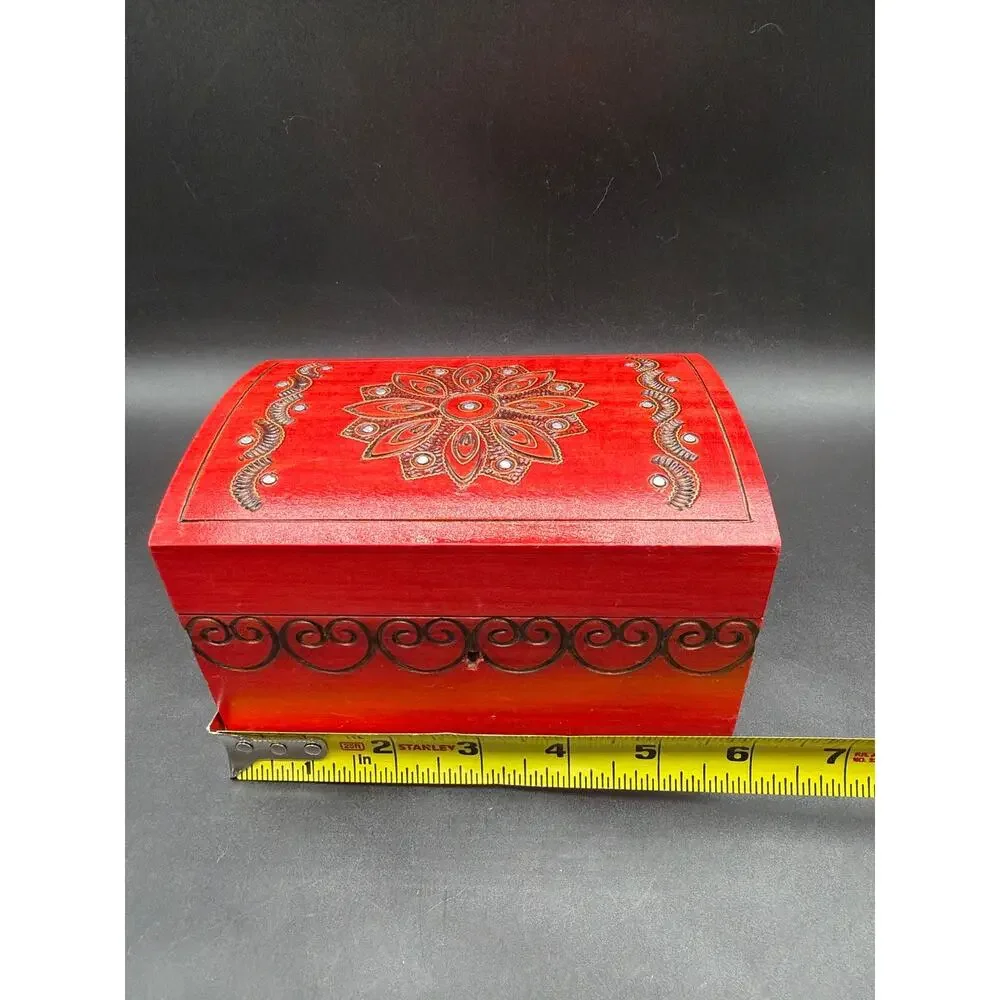 Hand Carved Red Wooden Jewelry Trinket Box Locking Hinged Lid Floral Design 6”